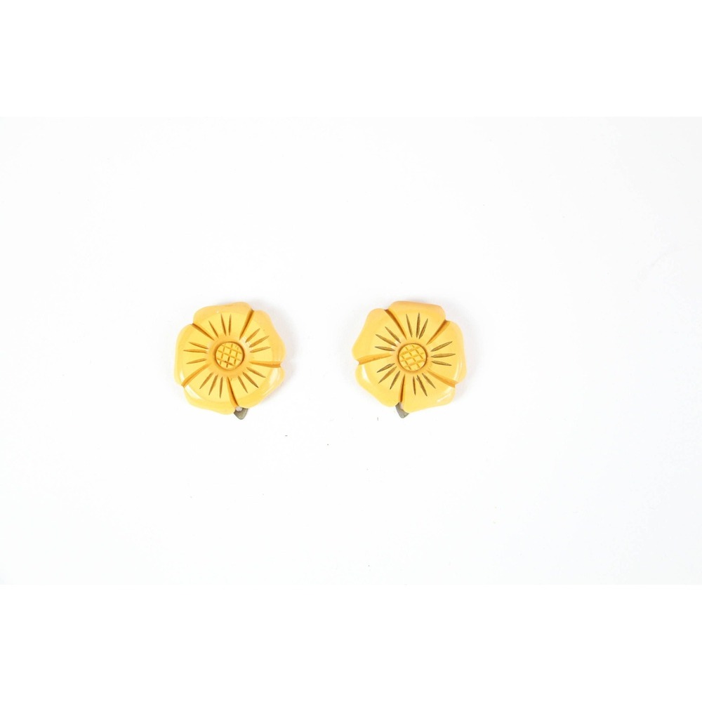 Vintage Art Deco Carved Yellow Flower Celluloid Dress Clips Pair Hair Clip